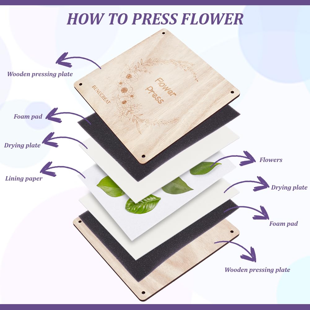 BENECREAT 50pcs Flower Pressing Kit, 10pcs Absorbent Paper, 10pcs Sponge, 30pcs Lining Blotter Paper for Dried Flower Crafts, Scrapbooking, Invitations