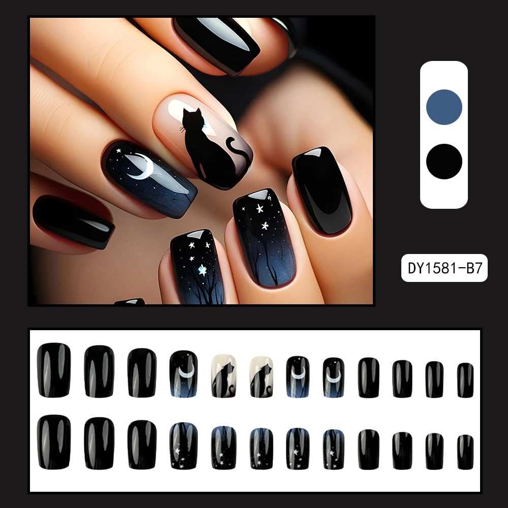 Halloween Press on Nails Square Starry Sky Nails Press ons Black Cat Acrylic Fake Nails with Designs Full Cover Halloween Glue on Nail Medium Length Reusable False Nails for Women