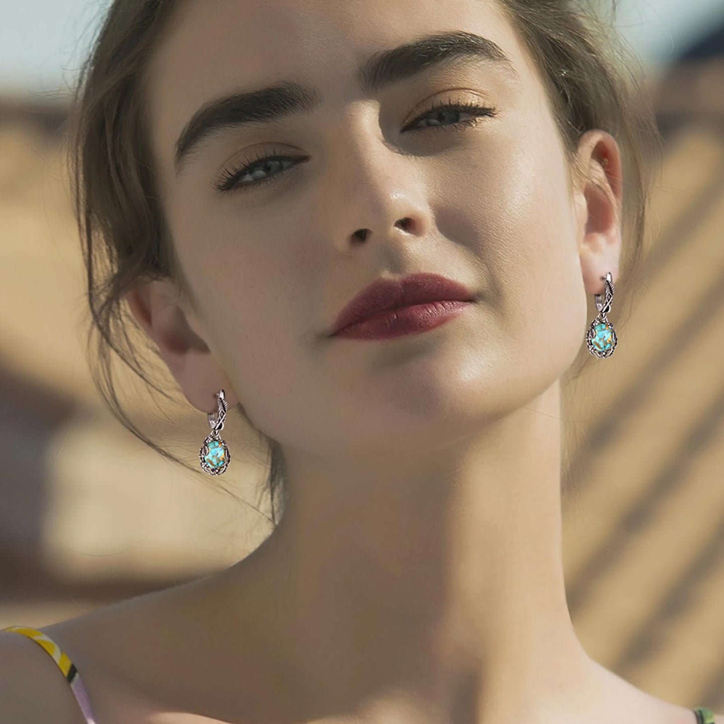 Phyonio Teal Oval Turquoise Dangle Earrings for Women Leaf Vine Flower Latch Back 925 Sterling Silver Earring Vintage Oxidised Boho Jewelry Valentines Day Gift for Wife