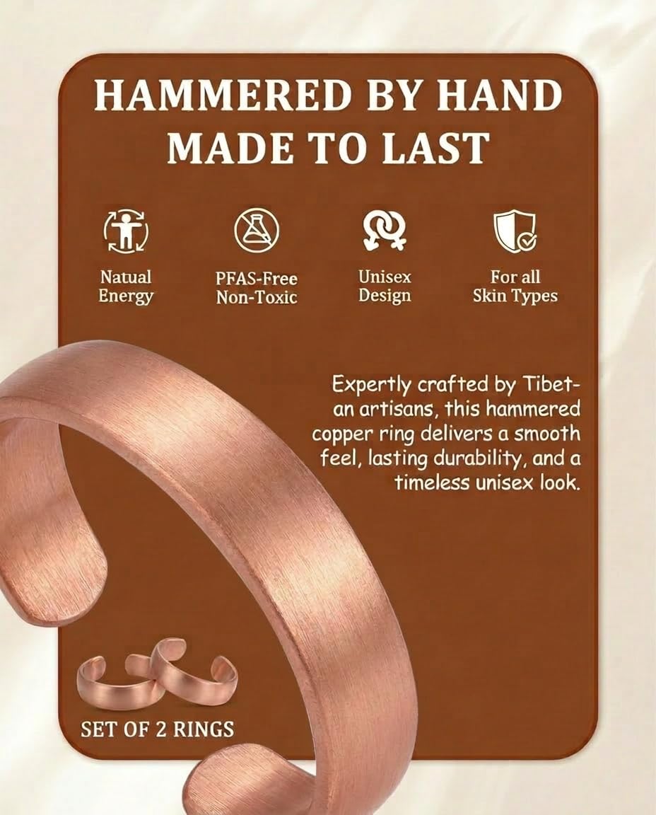 Fashtour 100% Pure Copper Rings for Women & Men (Two-Pack) — Solid Raw Copper — Uncoated Handmade Adjustable Open-End Tibetan Style Rings (Domed)