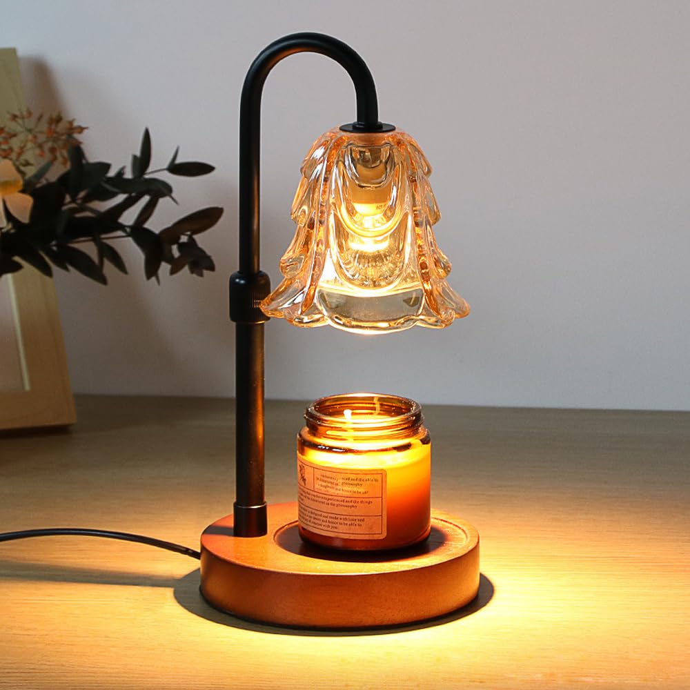 ANFOOS Candle Warmer Lamp with Timer and Dimmer, Flower Glass Shade Adjustable Height Flameless Wax Melt Warmer for Home Office Decor, 4 Brightness Mood Lighting, Includes 2 GU10 Bulbs