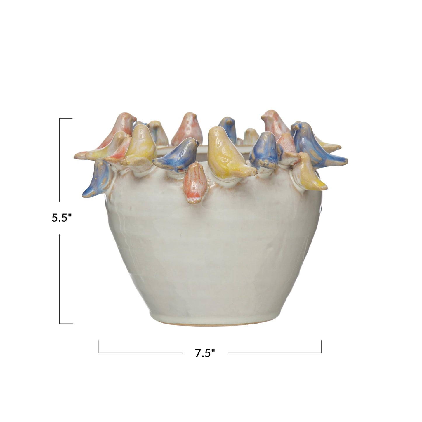 Creative Co-Op Stoneware Planter with Birds on Rim, Reactive Glaze