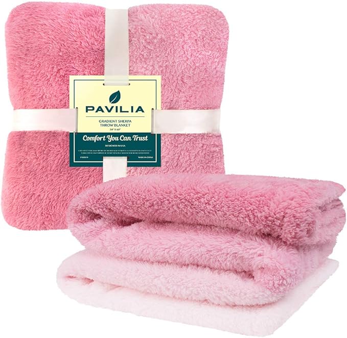 PAVILIA Fluffy Sherpa Throw Blanket Ombre | Gradient Plush, Soft, Fuzzy, Decorative Accent Throw Blanket for Couch Sofa Bed | Cozy Warm Decorative Furry Faux Fur Blanket, 50x60 Inches Pink