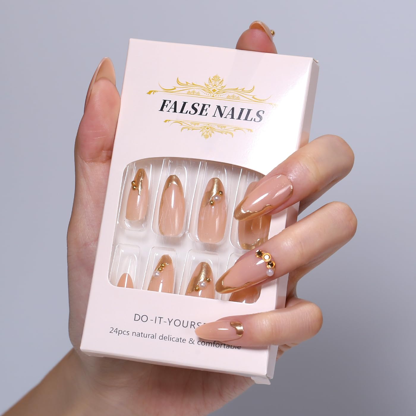 Goolich Medium Almond Chrome Gold Line Press On Nails, 3D Bead Charms French Tip Design Nails Press ons Set with Adhesive Tabs, 24 Pcs 12 Size Reusable Full Cover Glue on Nails for Women