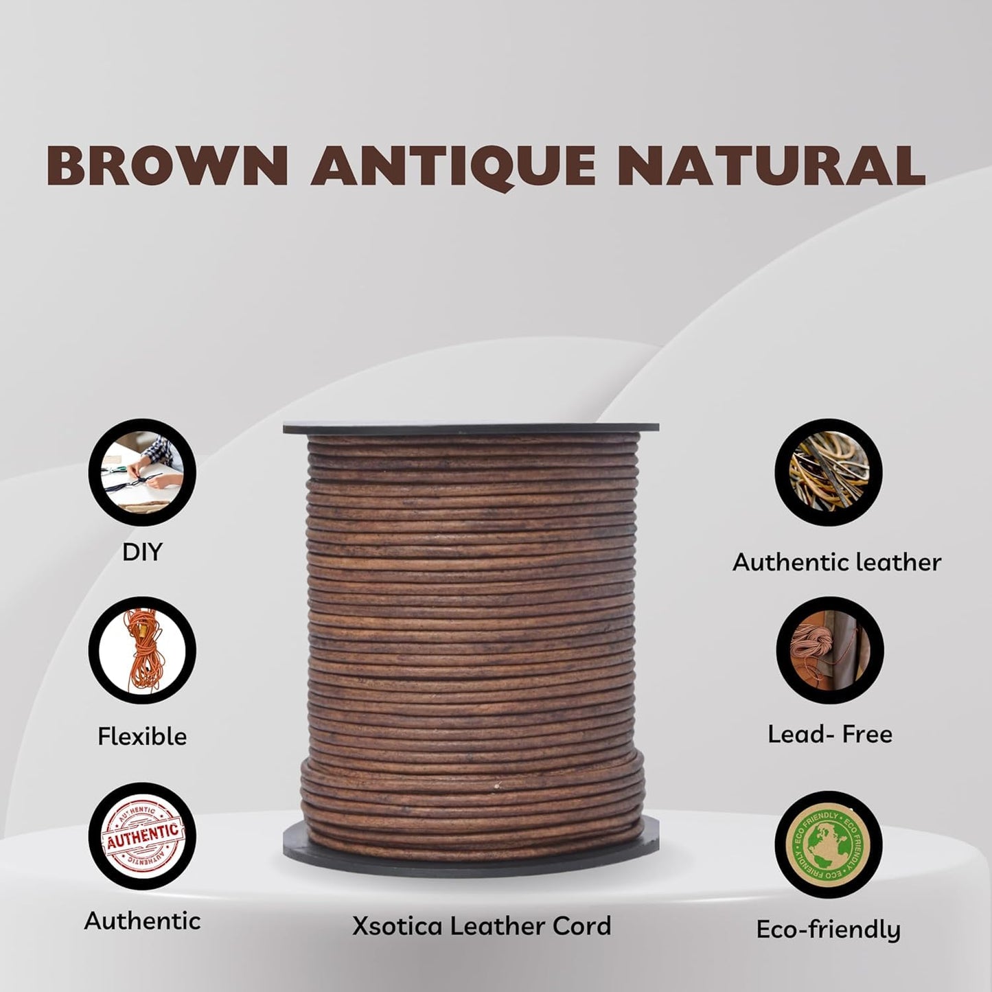 Xsotica Xsotica 25 Meter Real/Genuine Round Leather Cord for Jewelry Making, Leather Strips & Strings for Necklaces, Bracelets, Braiding, Crafts (Brown Antique Natural, 2mm)