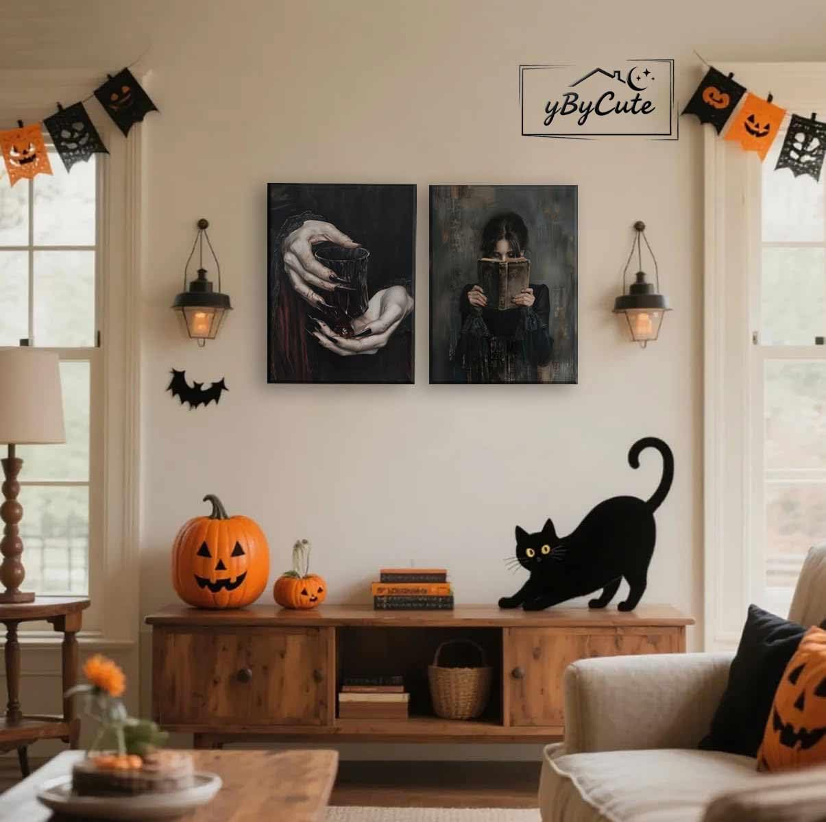 2 Pieces Gothic Posters Wall Art Dark Academy Vampire Pictures Victorian Woman Reading Magic Book Canvas Claw Hand Dracula Prints Moody Girl Witch Ghost Paintings Bedroom Library Classroom Office Home Decor 12x16 Inch Unframed