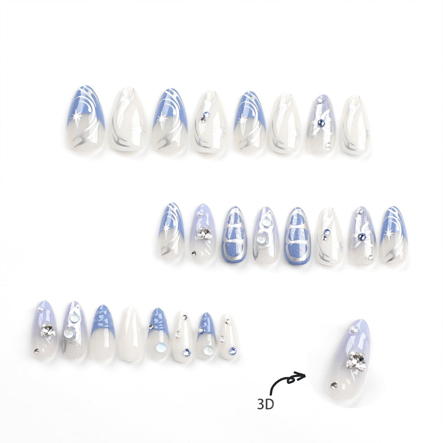 Blue Press on Nails Medium Almond Fake Nails Press ons with Designs Rhinestone Bow False Nails Glossy Full Cover Stick on Nails Charms Cute Acrylic Glue on Nails for Women Manicure 24Pcs