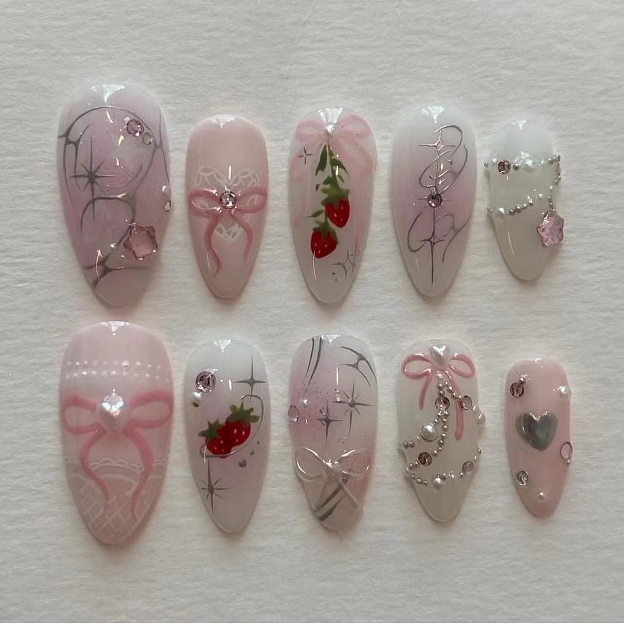 CTTHNBD Press on Nails Almond - Medium Fake Nails with Bow Strawberry Design - Ombre Pink False Nails for Women 24 Pcs