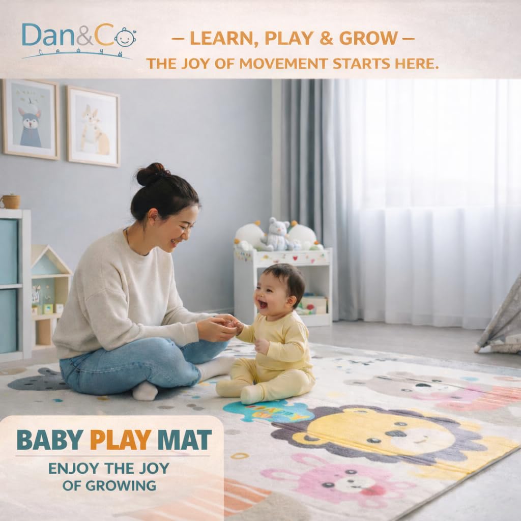 DAN&GO Extra Large Baby Play Mat, Foldable, Double-Sided, Beige, Non-Toxic XPE Material, Portable Activity Floor Mat for Babies 0-12 Months & Kids, Educational Design (Funny, 71 * 79 * 0.4)