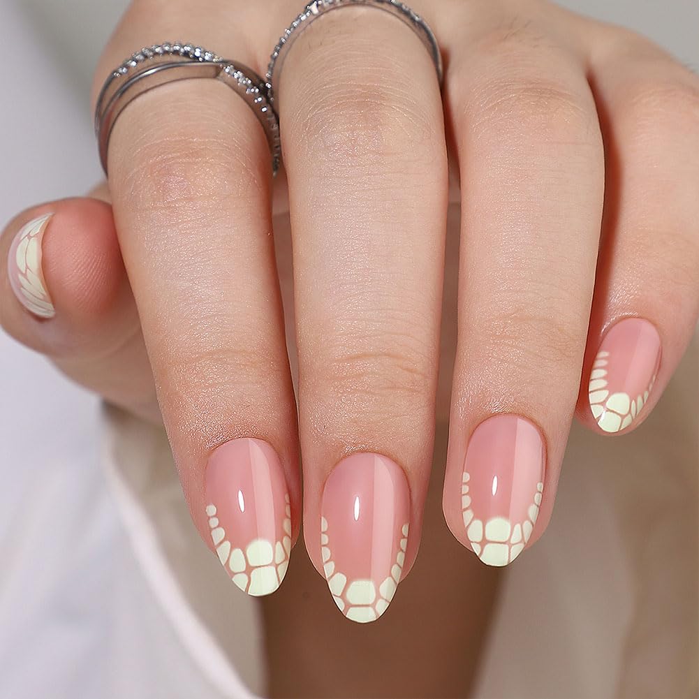 WAFOLOZE French Tip Press On Nails - White Crackle Almond Press On Nails Short Fake Nails with Nail Glue, Artificial Nails 16 Sizes - 32Pcs False Nails Tips Kit,Stick On Nails for Women