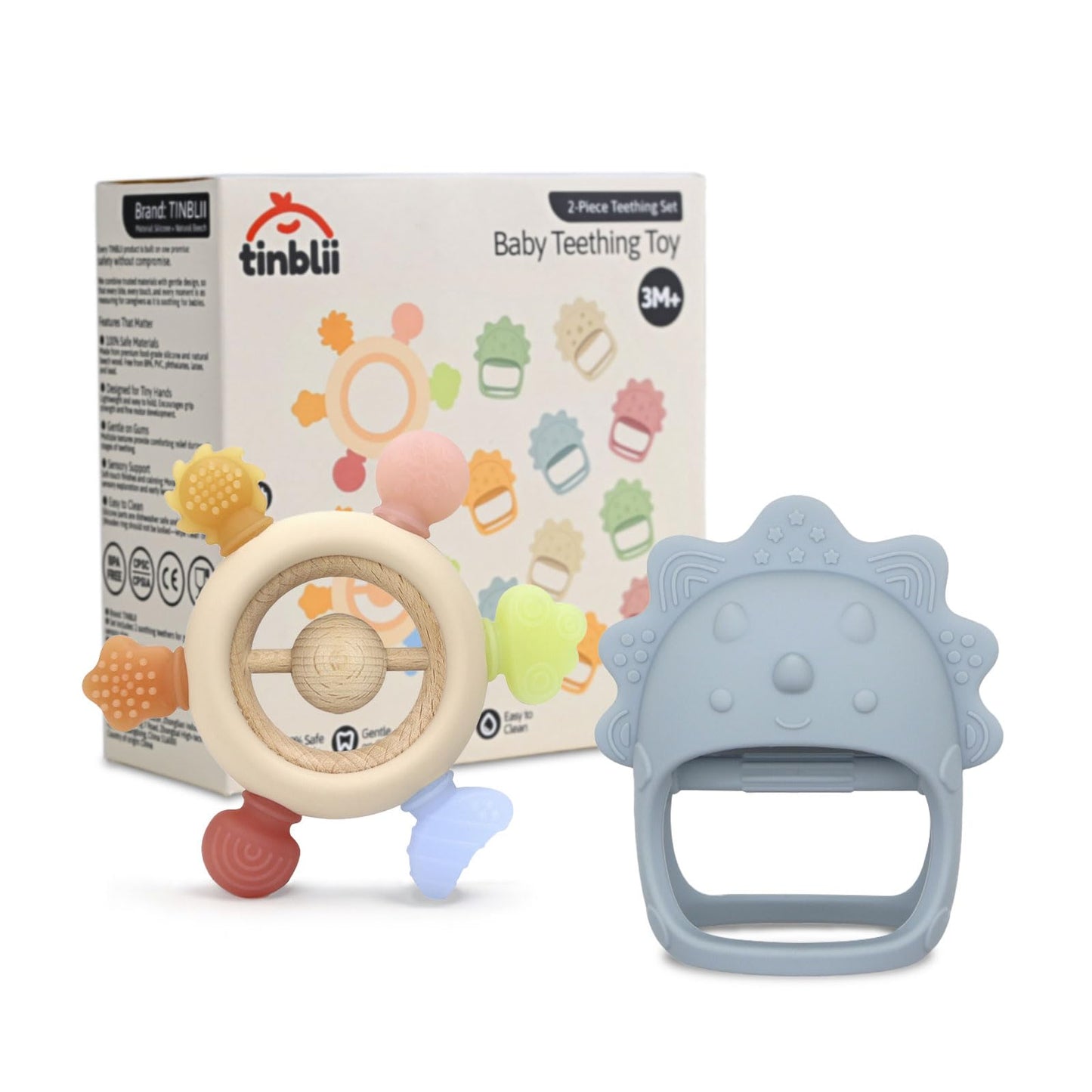 TINBLII Baby Teething Toys 2 Pack, Dinosaur Mitten Teether and Ring Sun Teether with 6 Chewing Points, Silicone Chew Toys for Infants 0-6 6-12 Months, BPA Free Soothing Gum Relief Set (Blue)