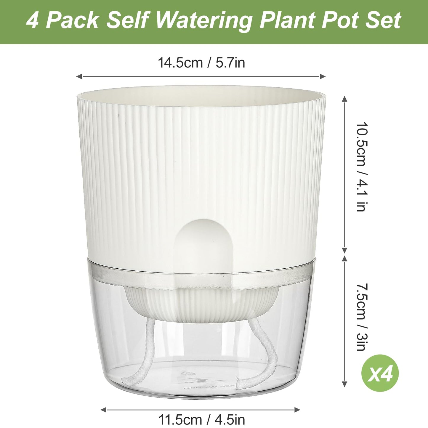 Samhe Plant Pots, 4 Pack 5.7 Inch Self Watering Pots for Indoor Plants, Flower Pots with Deep Reservoir and Drainage Holes - White