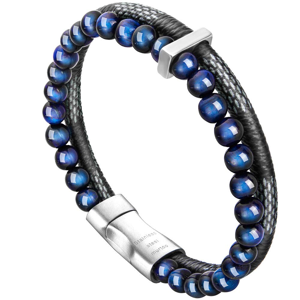 murtoo Mens Bead Leather Bracelet, Blue and Brown Bead and Leather Bracelet for Men (Blue-silver)