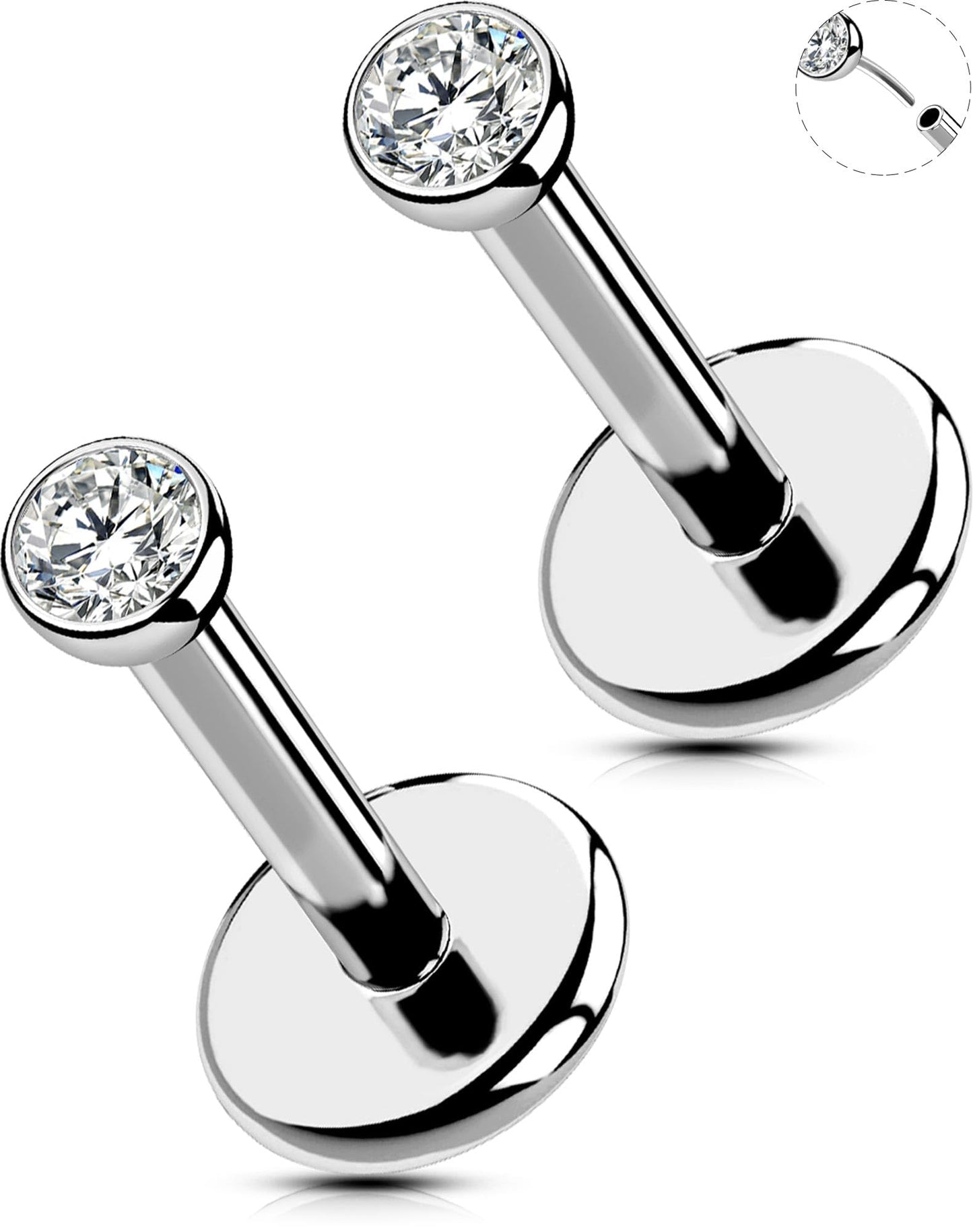 OUFER 2PCS Nose Rings Studs, G23 Solid Titanium 18G Silver Threadless Helix Earring Flat Back, Tiny CZ 2MM Nose Nostril Helix Tragus Piercing Jewelry for Women Men-6MM