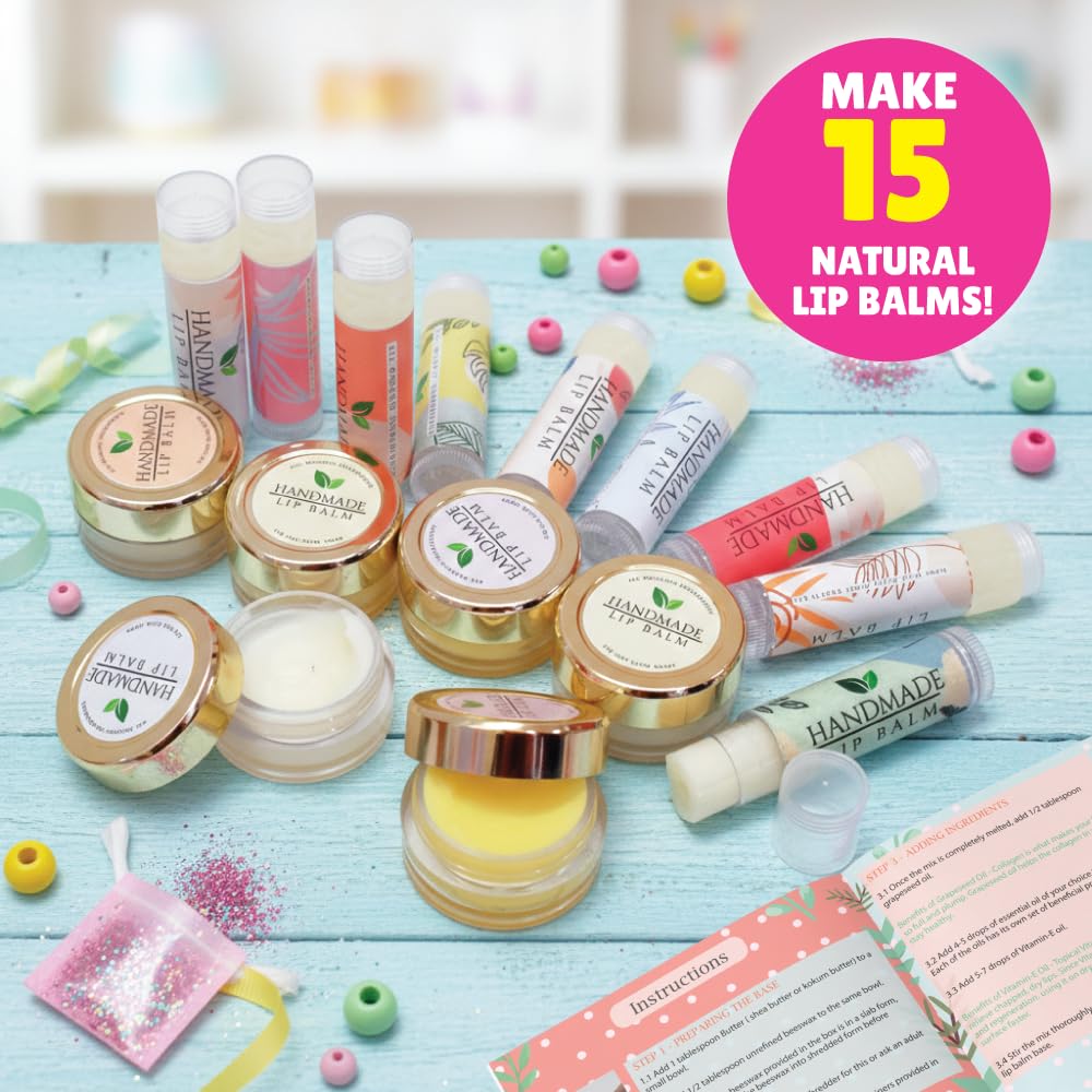 Kalakaram DIY Lip Balm Making Kit - Make 15 Lip Balms with Shea & Kukum Butter, Beeswax, Vitamin E Oil, Grapeseed & Essential Oils, DIY Activity Kit for Kids & Craft Kit for Girls 9-12