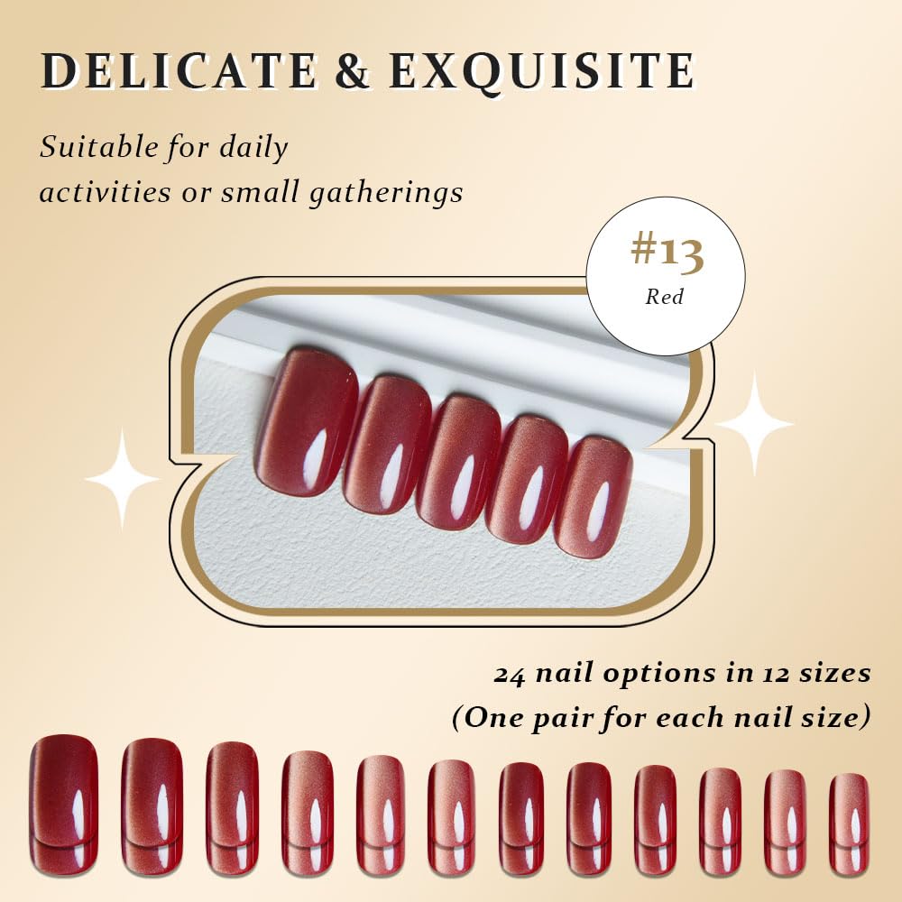 Red Cat Eye Press on Nails Medium Square, Medium Square Press Stick on Nails Chrome for Women Gift, Red Holographic Glitter Glossy Reusable Soft Gel Acrylic Fake Nail with Designs Cateye Effect