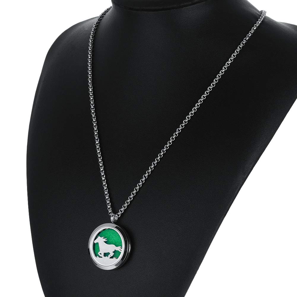 Popeoiuh Essential Oil Diffuser Necklace,Perfume Stainless Steel Aromatherapy Horse Locket Pendant with 24" Chain & 8 Pads, Birthday Christmas Jewelry Gift for Women Men