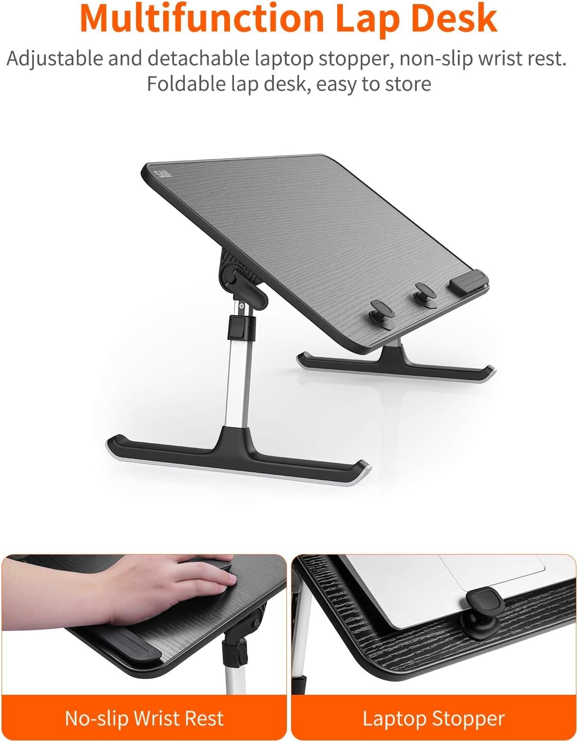 Desk, Table, SAIJI Adjustable Laptop Stand, Breakfast Tray, 5 Heights, 4 Angles, Stable Folding Table for Bed Sofa Desk, Suitable for Laptops up to 17 Inches (60 x 33 cm Black)