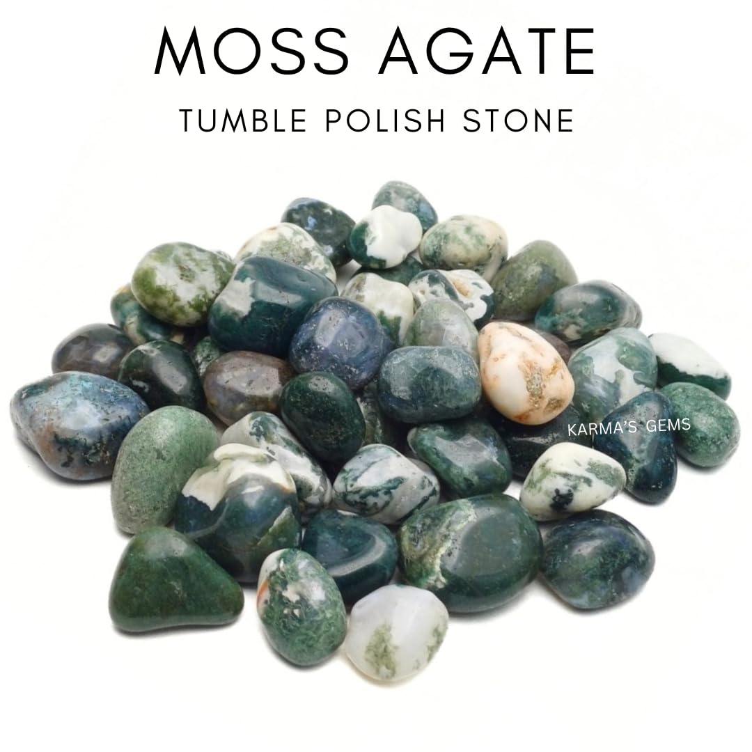 Karma Gems Moss Agate Tumbled Stones Natural Crystal Kit for Reiki Healing Crystal Polished, Tumble Stones, Chakra Balancing, Reiki Gift, Home Decor (15-25 MM)