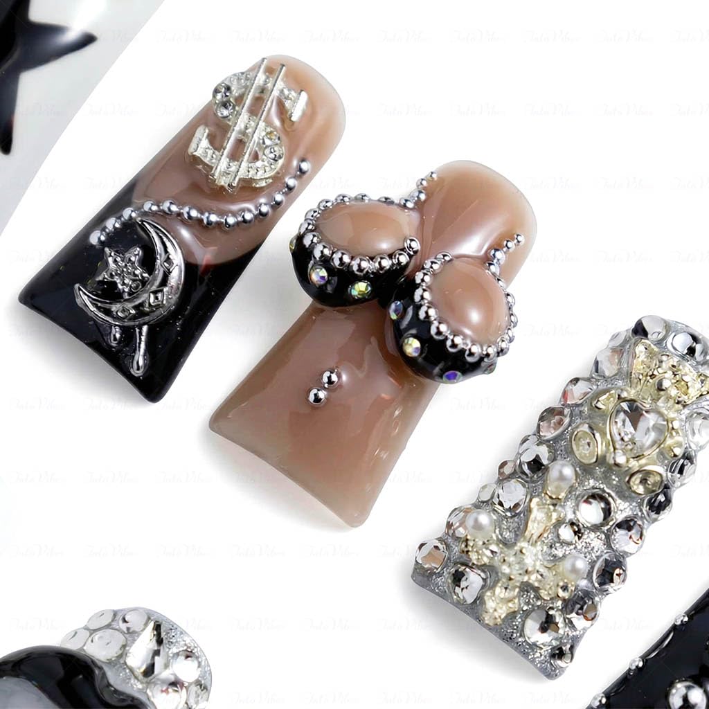 IntoVibes 10 Pieces Luxury Acrylic Press On Nails Long Handmade Duck Nails, White And Black Thickened False Nails, Exaggerated Lips And 3D Dollar Sign, Reusable Fake Nails, Acrylic Nails (M)