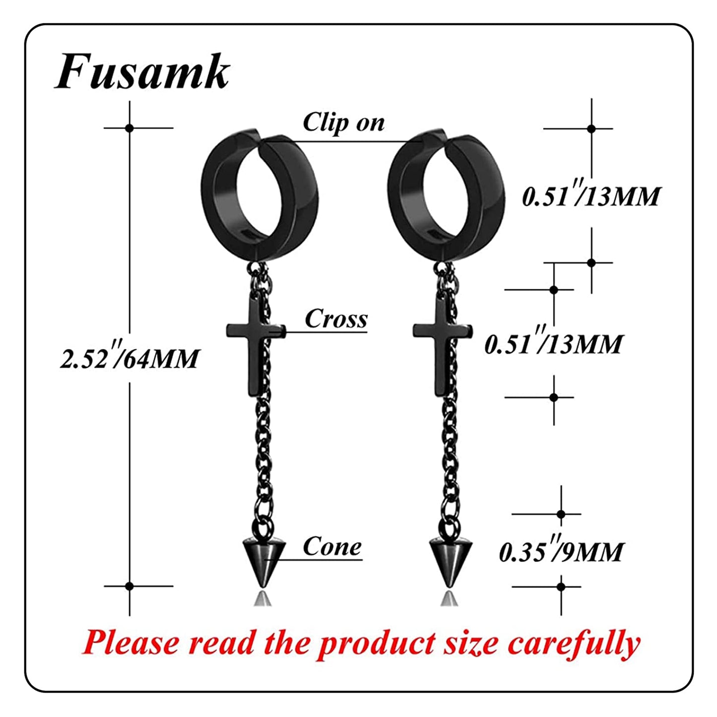 Fusamk Punk Rock Stainless Steel Cross Ear Clip Earrings Long Chain Drop Dangle Earrings(Black)