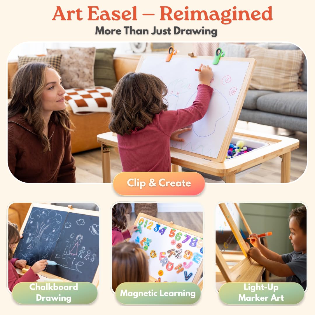 Mama Bear Educational Montessori Sensory Table & Art Easel for Kids & Toddlers | Folding Extendable Legs & Storage Bins, Magnetic Boards & Tiles, Light Box Included | Space-Saving Indoor/Outdoor Play