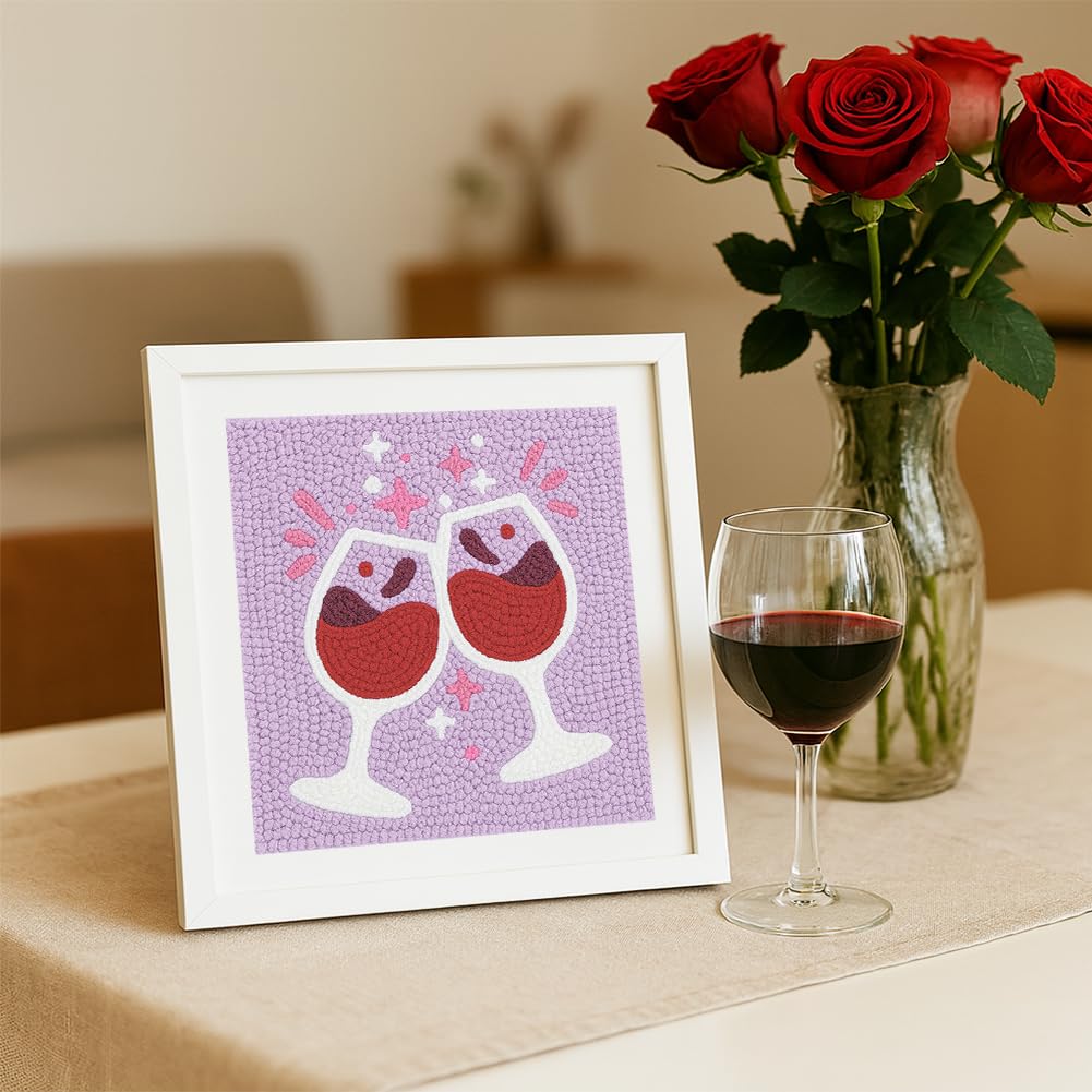 DOODLREAM Red Wine Glass DIY Punch Needle Embroidery Kit for Adult Beginner, 9.4" Cheers to The Red Wine Punch Stitching Craft Set for Starter with Frame, Fabric Pattern, Threader, Yarn, Punch Needle