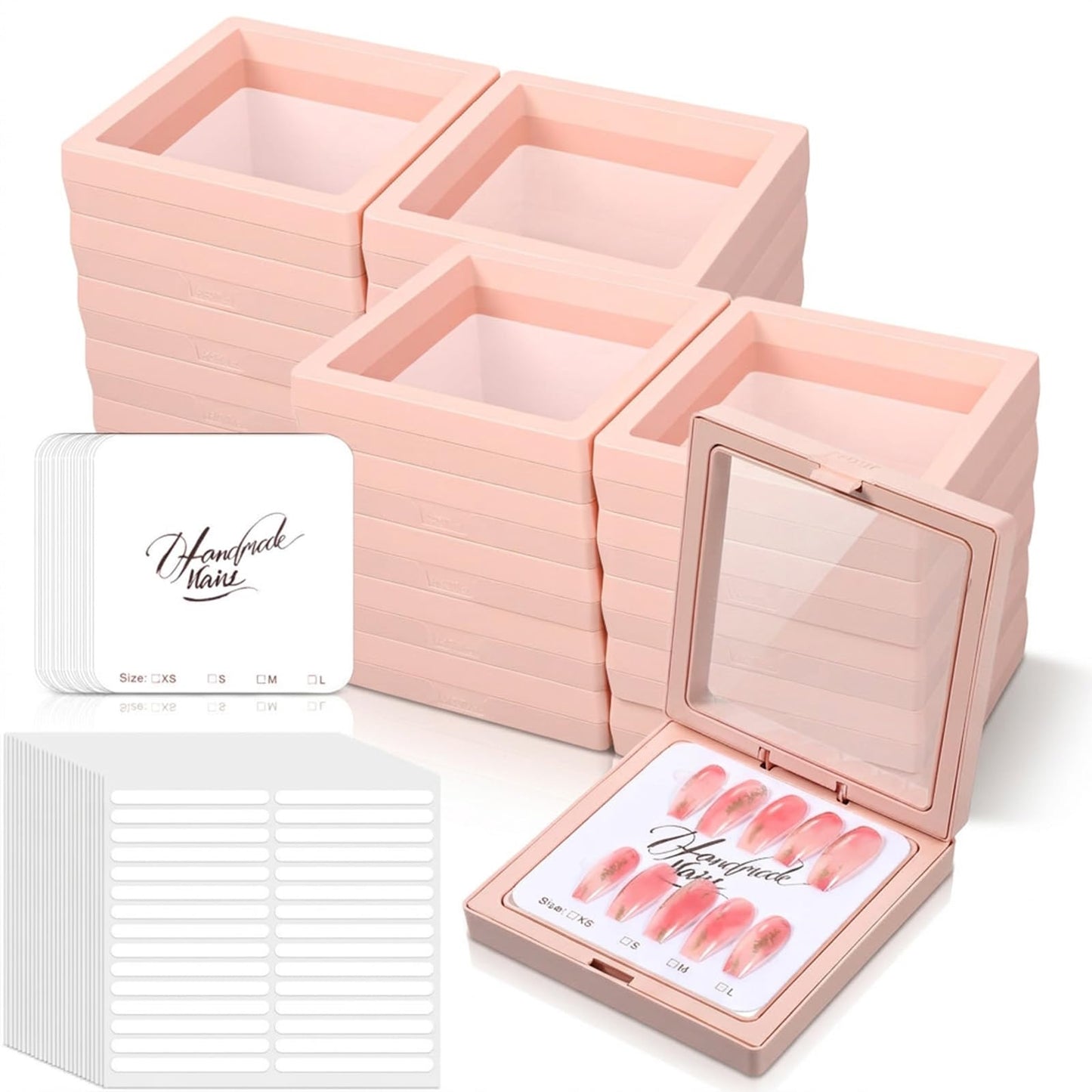 50 Pcs Press on Nail Packaging Box with 150 Adhesive Tapes, 50 Display Cards - 3D Floating Frame Acrylic Organizer Storage Case for Artificial Nails, Home Salon, Art Business (Pink)