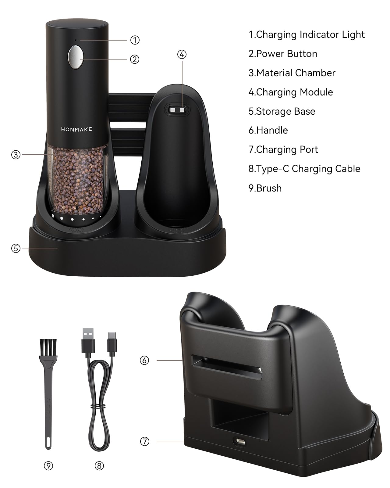 Electric Salt and Pepper Grinder Set - Automatic Refillable Salt and Pepper Grinders with Charging Base & LED Light, Adjustable Coarseness, One-handed Easy Operation, Ideal Kitchen Gadget