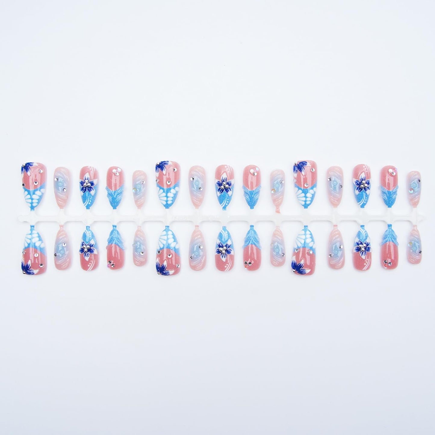Nude Blue Ocean Press on Nails, Medium Almond Handmade 3D Flower Fake Nails with Rhinestone Designs,Glossy Reusable False Nails with Glue Tabs for Summer Vacation 30Pcs Nail Kit for Women