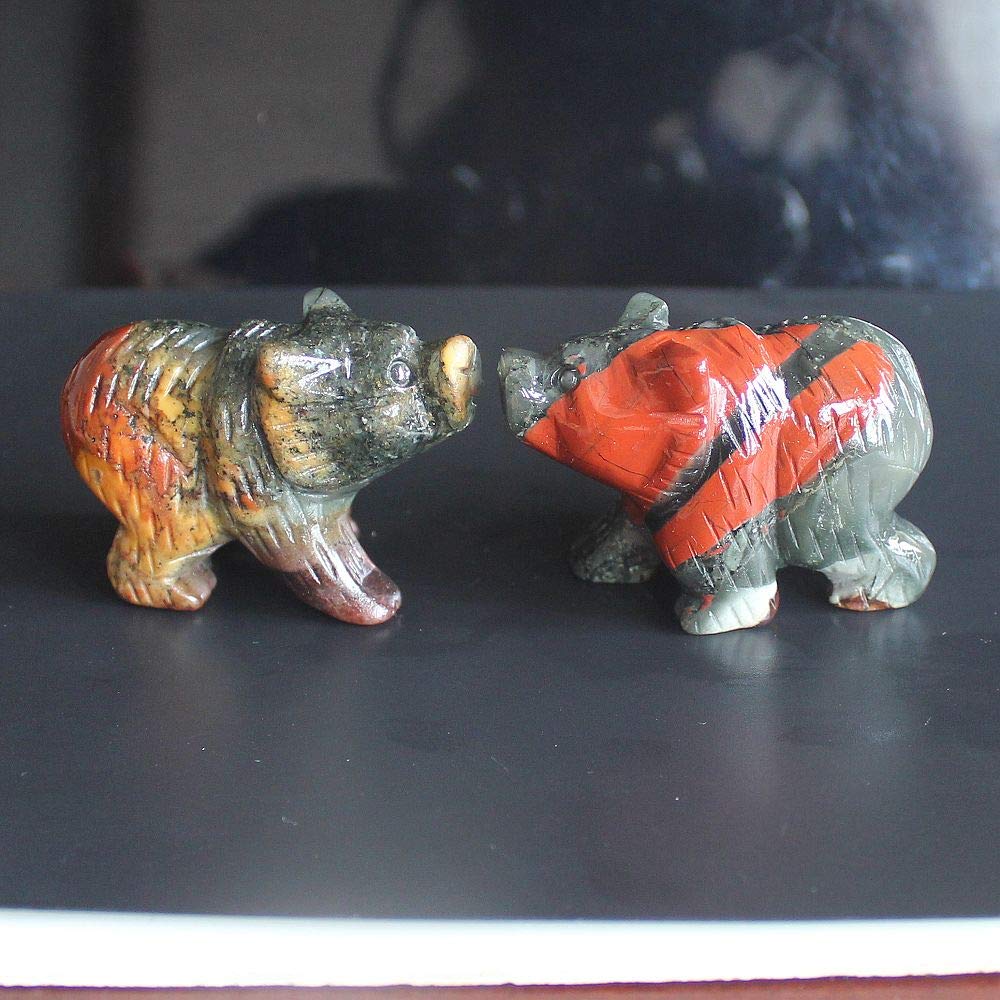 2'' Hand Carved Mixed gemstome Crystal Bear Figurine Animal Carving (Blood Stone)
