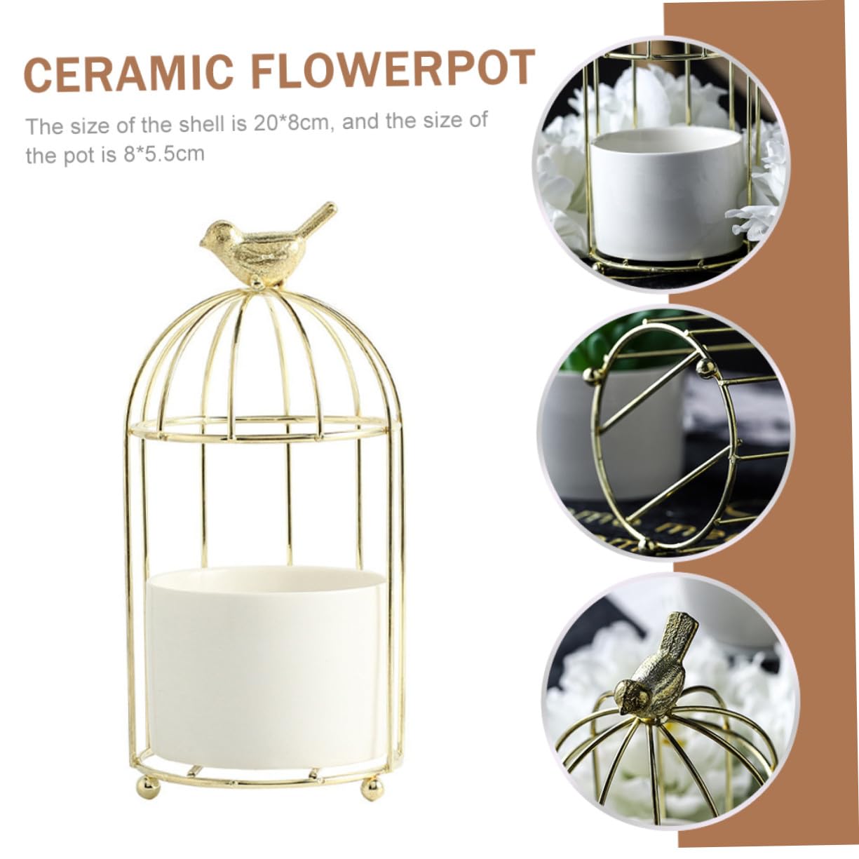 CAXUSD Decorative Iron Rack Flowerpot with Ceramic Planter Gold Plated Birdcage Style Stand Indoor Outdoor Gardening Container for Balcony and Home Plant Display