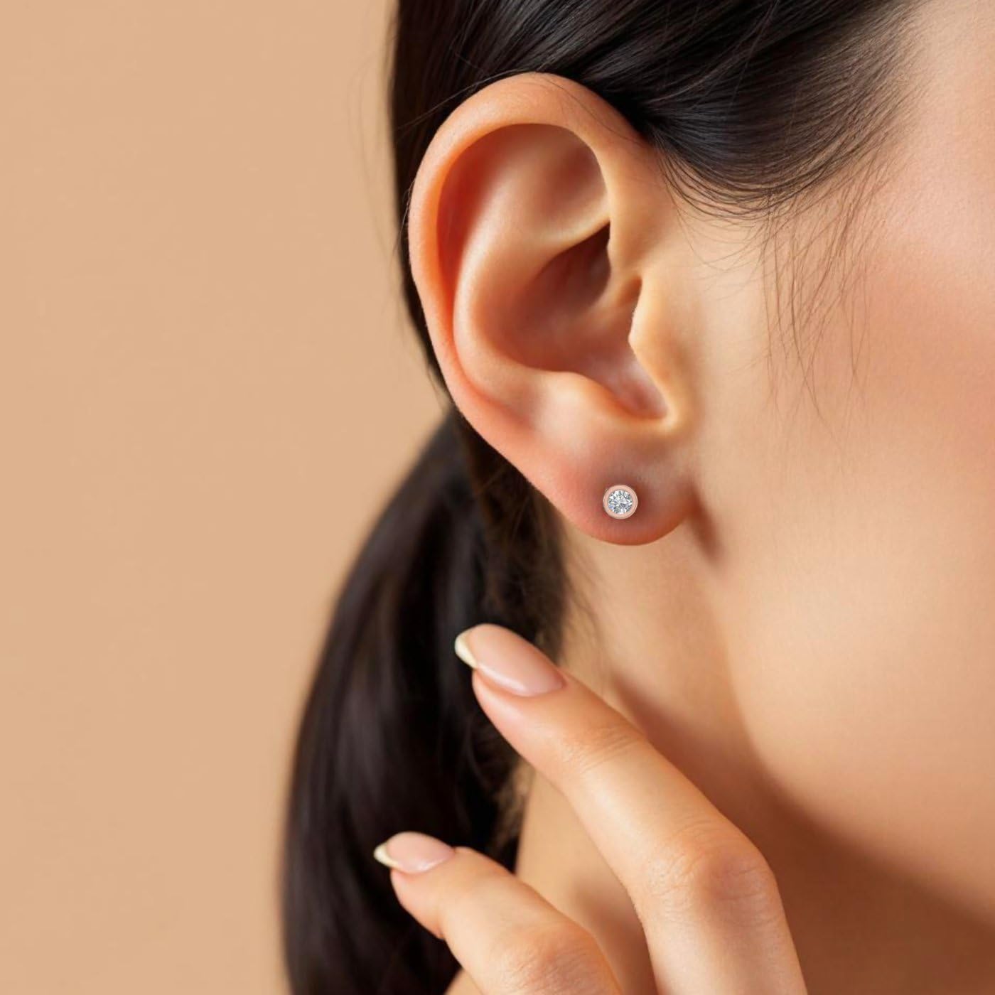0.14 Carat Bezel Set Natural Diamond Stud Earrings for Women in 10K Rose Gold