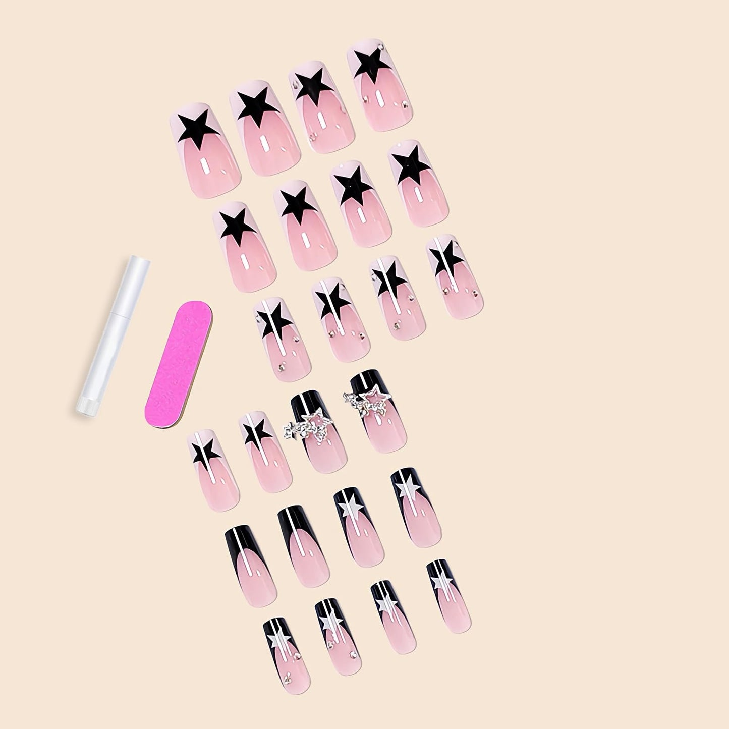 BABALAL French Tip Press on Nails Medium Square Fake Nails Black Pink Glue on 3d Star Charm 24Pcs Rhinestone Squoval Artificial Cute False Acrylic Nails for Women and Girls