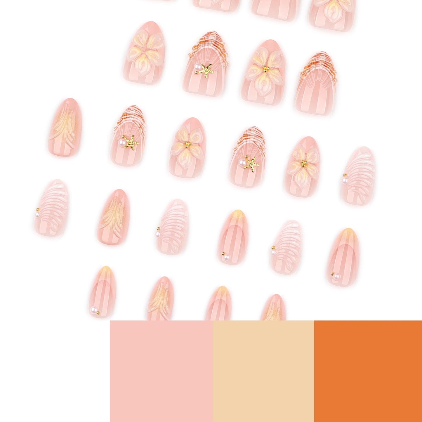 CTTHNBD Almond Press on Nails Short - Summer Fake Nails with Shell Starfish Design - French Tip, Flower False Nails for Women - 24 Pcs
