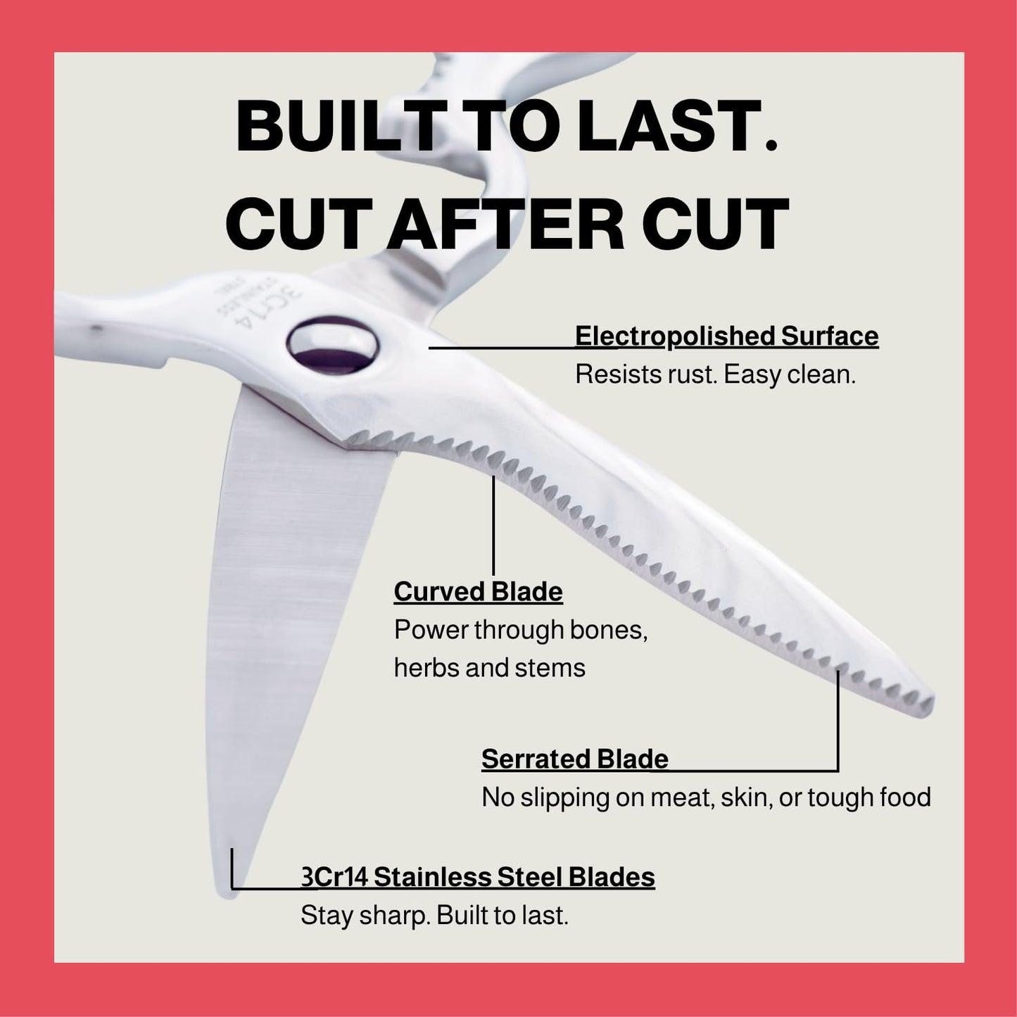 Heavy Duty Kitchen Scissors for Food — All Purpose Cooking Scissors, All Stainless Steel, No Plastic, Come-Apart Blades for Easy Cleaning, Dishwasher Safe, 5-in-1 Multi-Tool