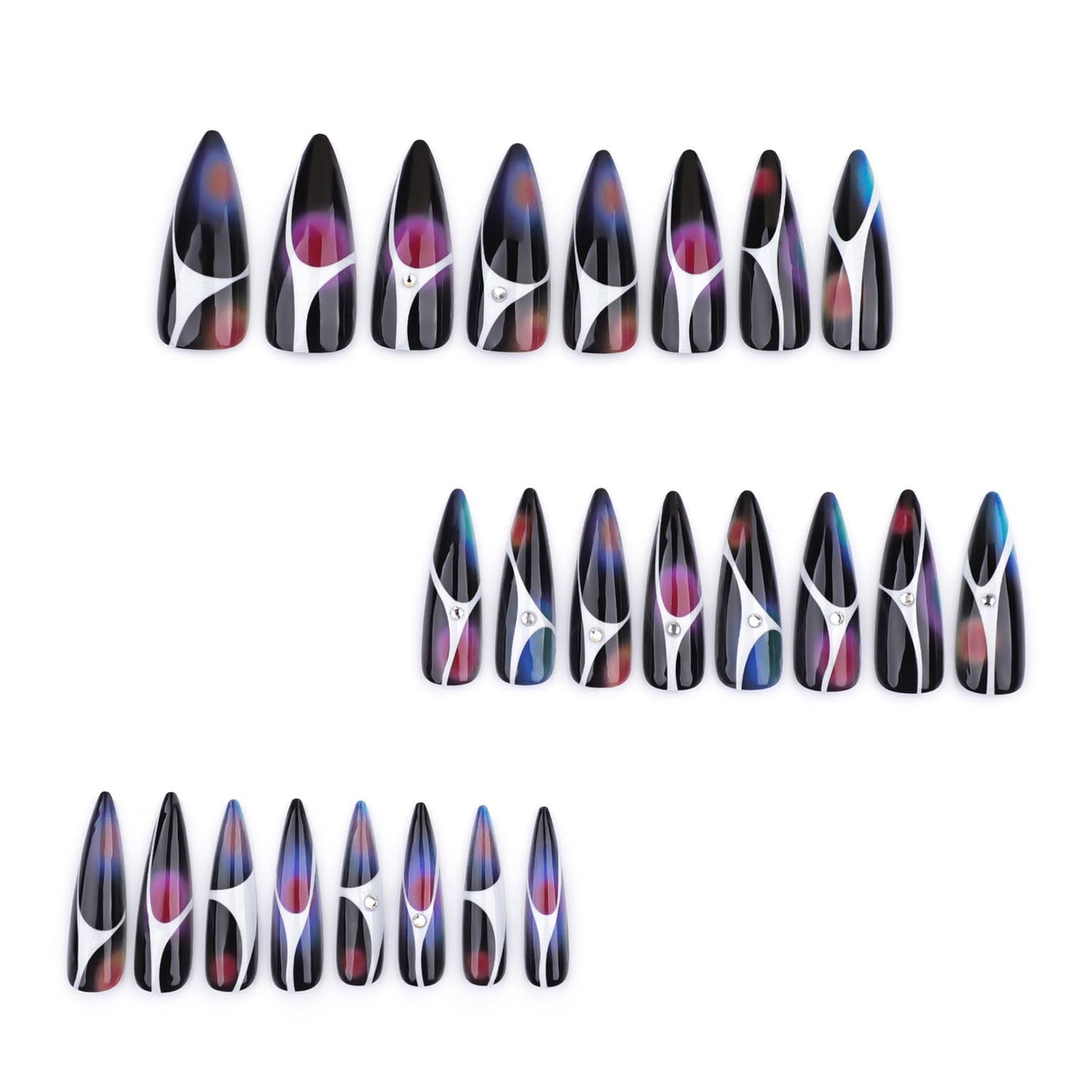 Stiletto Press On Nails Long Fake Nails Gradient With Rhinestone Design Black False Nails Full Cover Acrylic Nail Artificial Glossy Stick On Nail For Women 24pcs