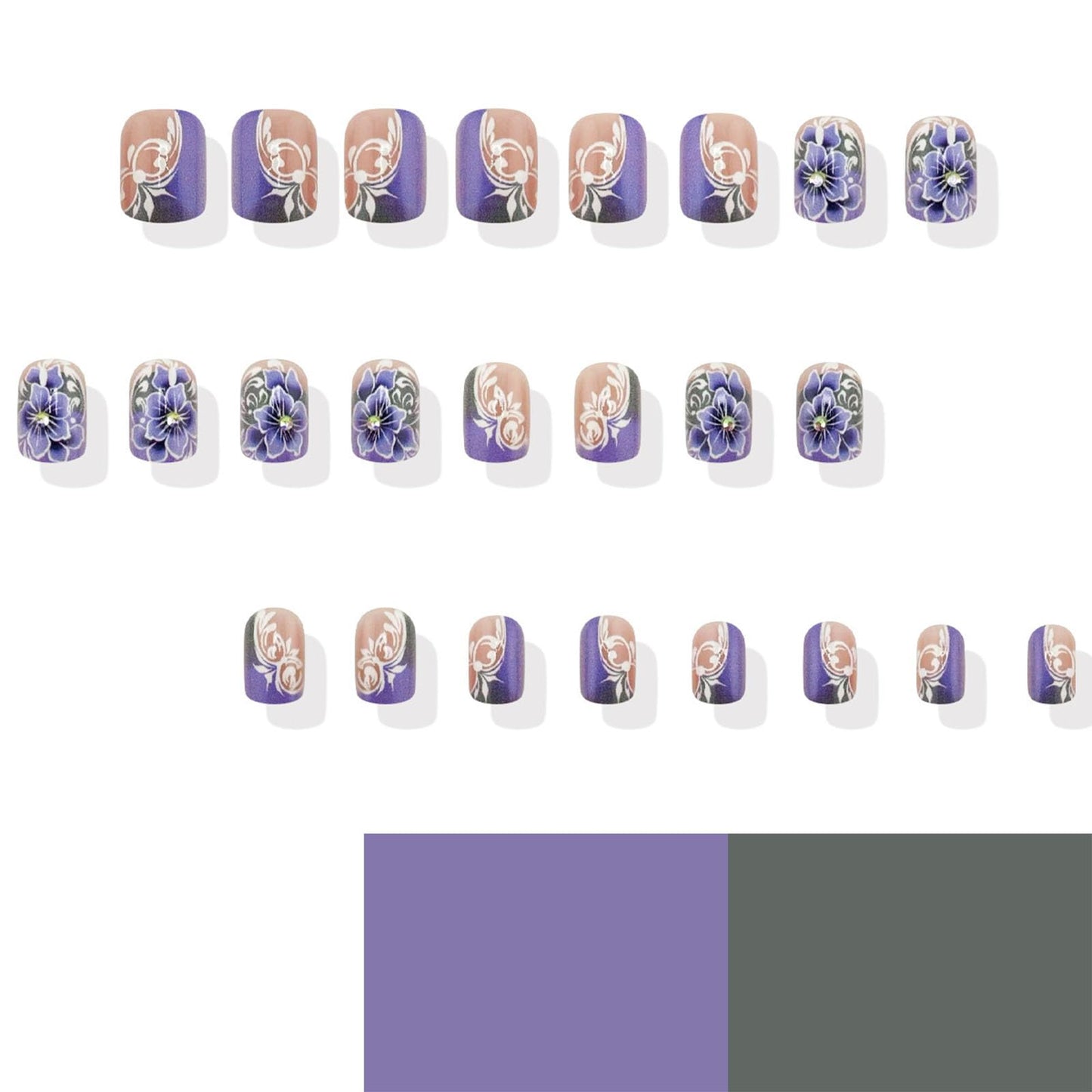 IMRAIN Press on Nails Short Square Fake Nails Matte Purple Flower Glue on Nails Spring Floral Squoval False Nails Artificial Acrylic Nail Supplies for Women Girls DIY Manicure Decorations