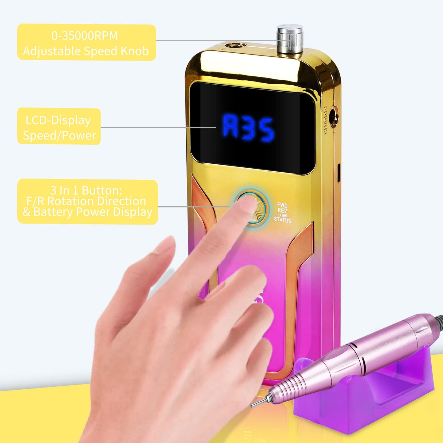 Portable Nail Drill Professional 35000 RPM, MOCOWIND Rechargeable Electric Nail File Machine E File for Acrylic Gel Polishing Removing, Cordless E-File with Bits Kit for Manicure Salon Home