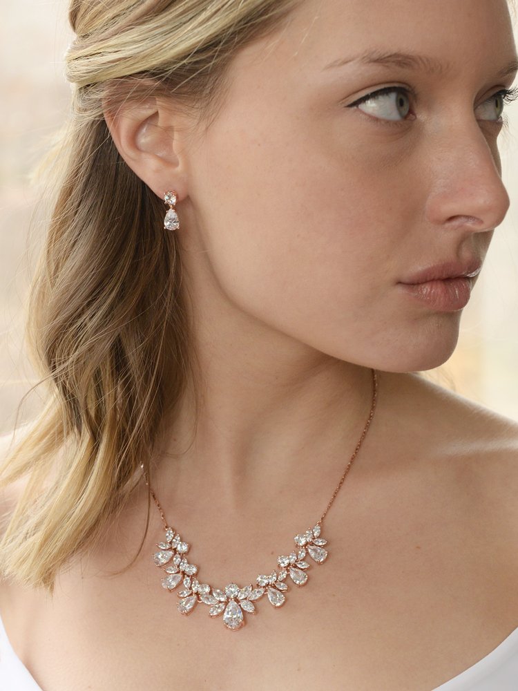 Mariell Rose Gold Multi-Shaped Cubic Zirconia Necklace & Earring Wedding Jewelry Set For Women and Brides