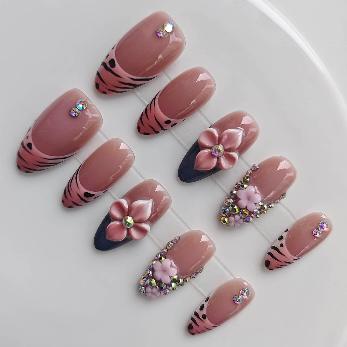 Gleamrain Almond Medium Handmade Press on Nails for Women, Handcrafted Floral Design Deep Nude Natural Press on Nails Thick Kit for Daily Use D314