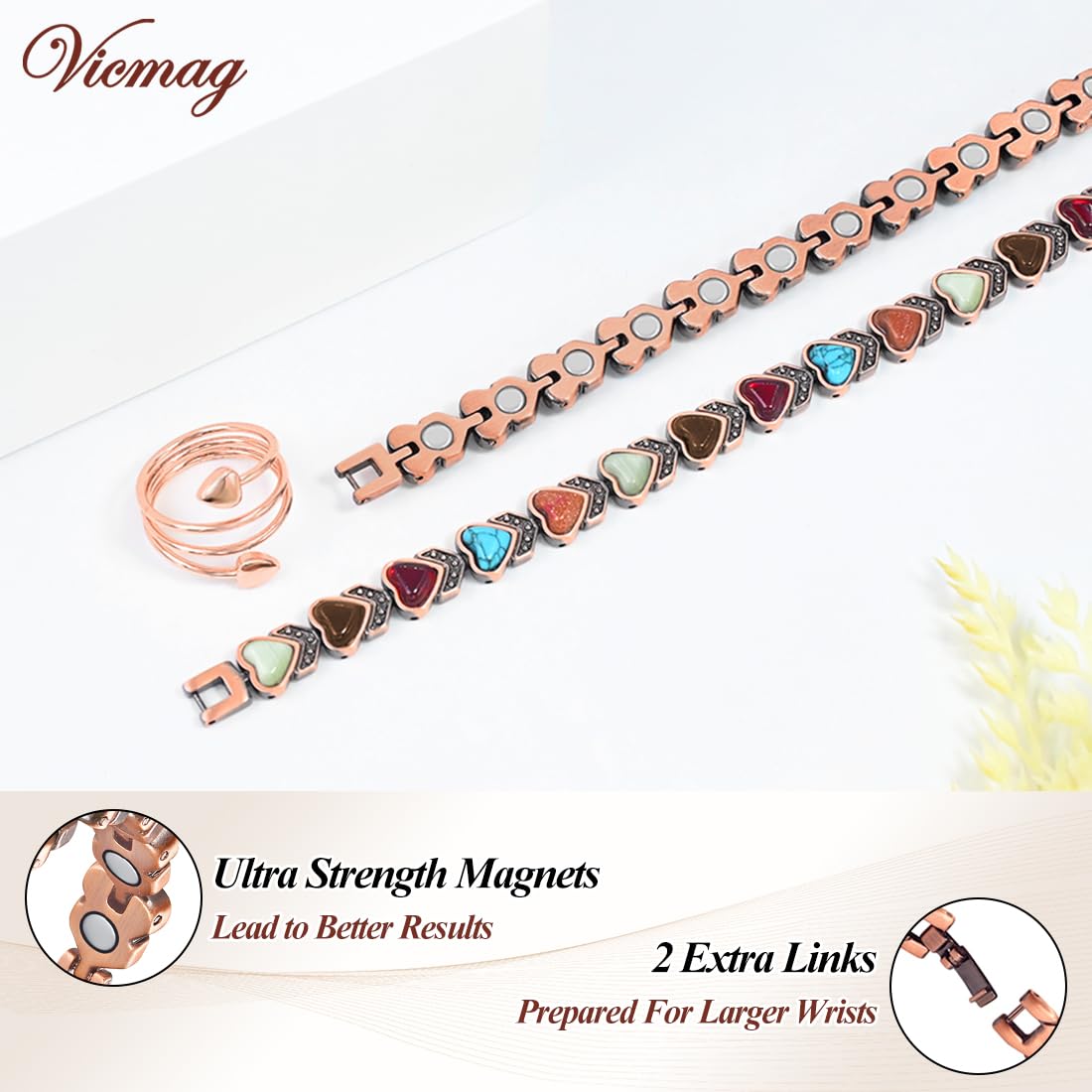 Vicmag Magnetic Copper Bracelets for Women with Natural Turquoise, 3800 Gauss Magnets Adjustable Pure Copper Bracelet & Ring