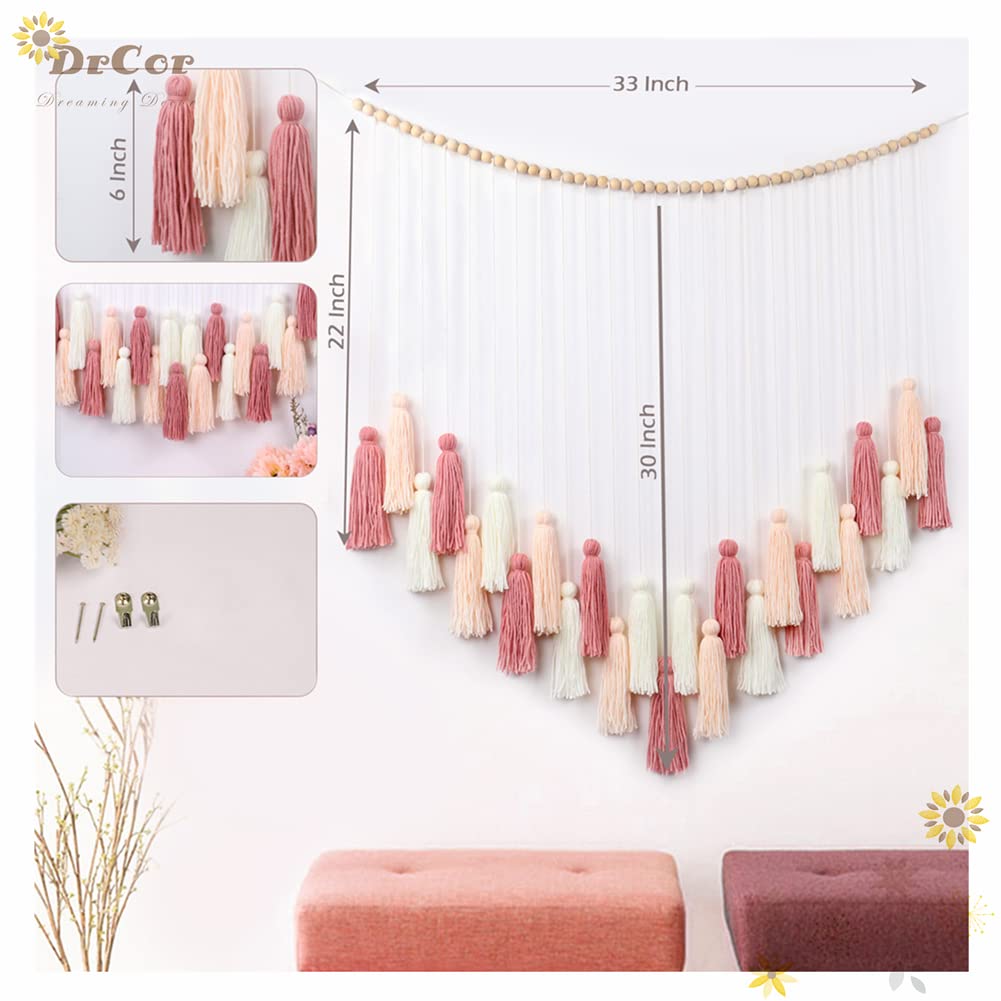 DrCor Blush Pink Boho Macrame Wall Hanging – Handmade Rose Gold Tassel Decor for Nursery, Dorm, Baby Shower, Wedding, Cozy Home or Classroom Display