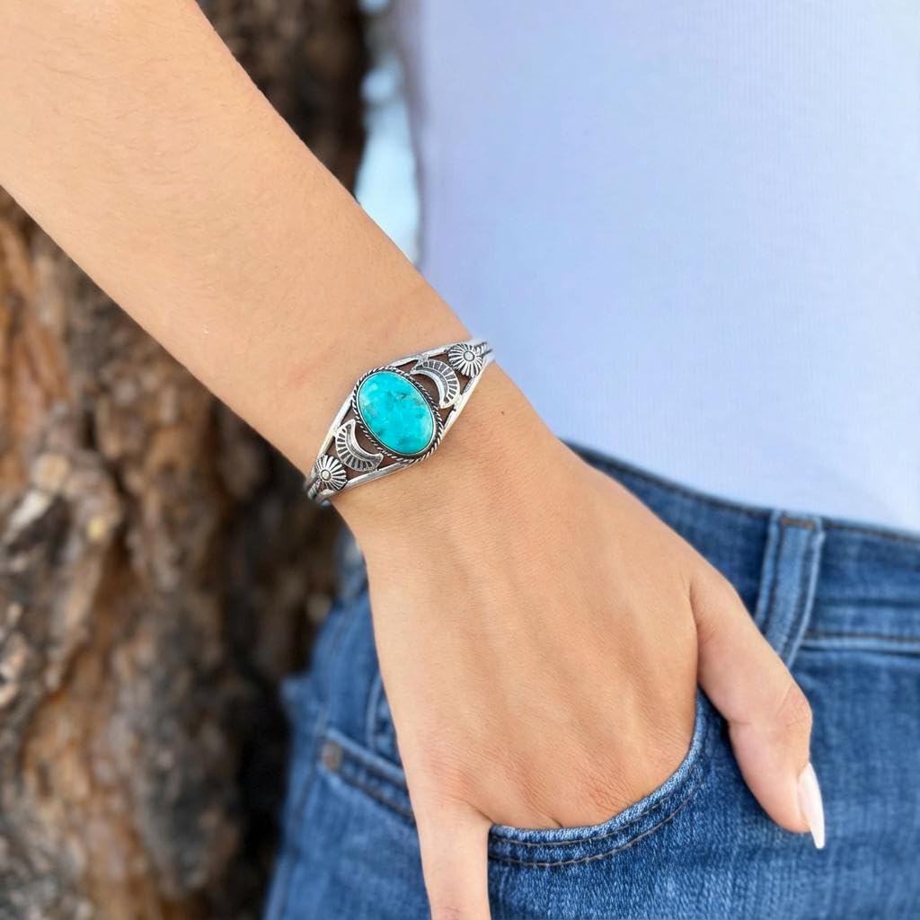 Turquoise Bracelet Sterling Silver 925 Genuine Gemstones Cuff Bracelet (Turquoise)