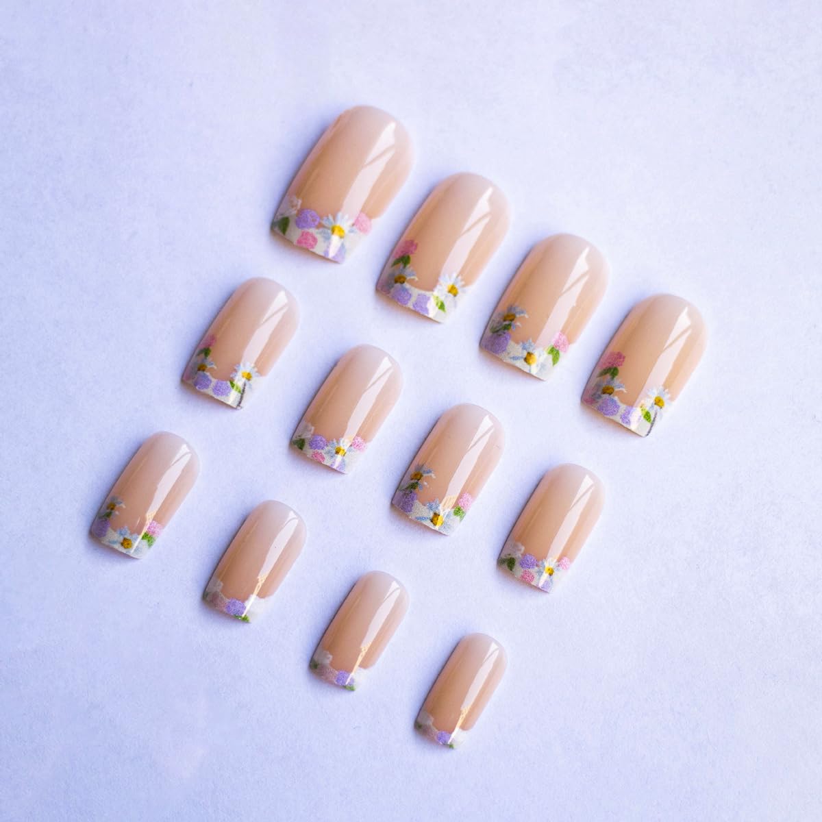 French Tip Press on Nails Short Square Spring Flower Fake Nails with Glue Nude Glossy Acrylic Nails Floral Stick on Nails Full Cover False Nails for Women Manicure 24PCS Reusable Artificial Nails