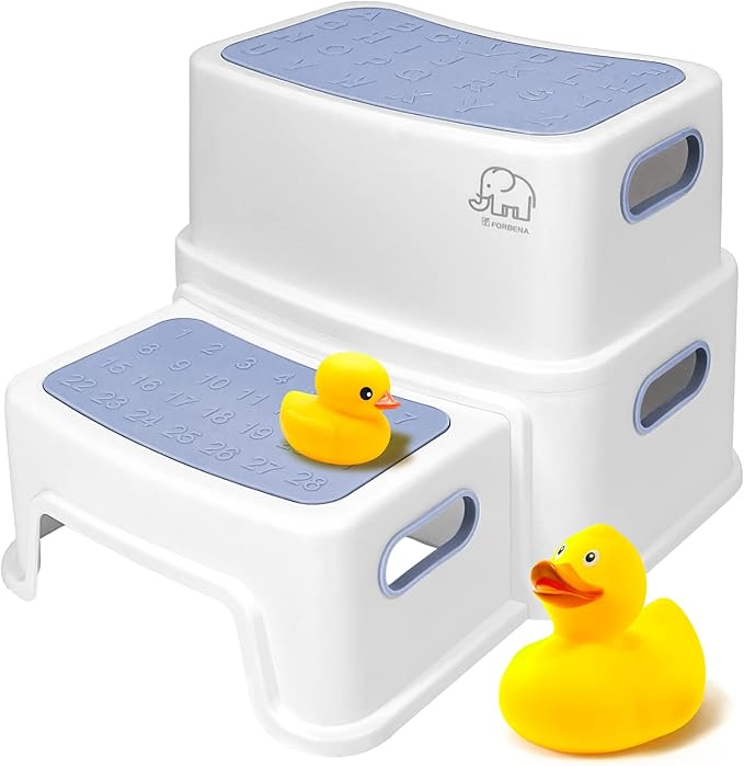 Forbena Kids Step Stool for Bathroom, Two Stepping Stool for Toddlers Toilet Potty Training, Sturdy Children Plastic Step Stool for Bed Bathroom Kitchen Counter Sink (White-Blue)
