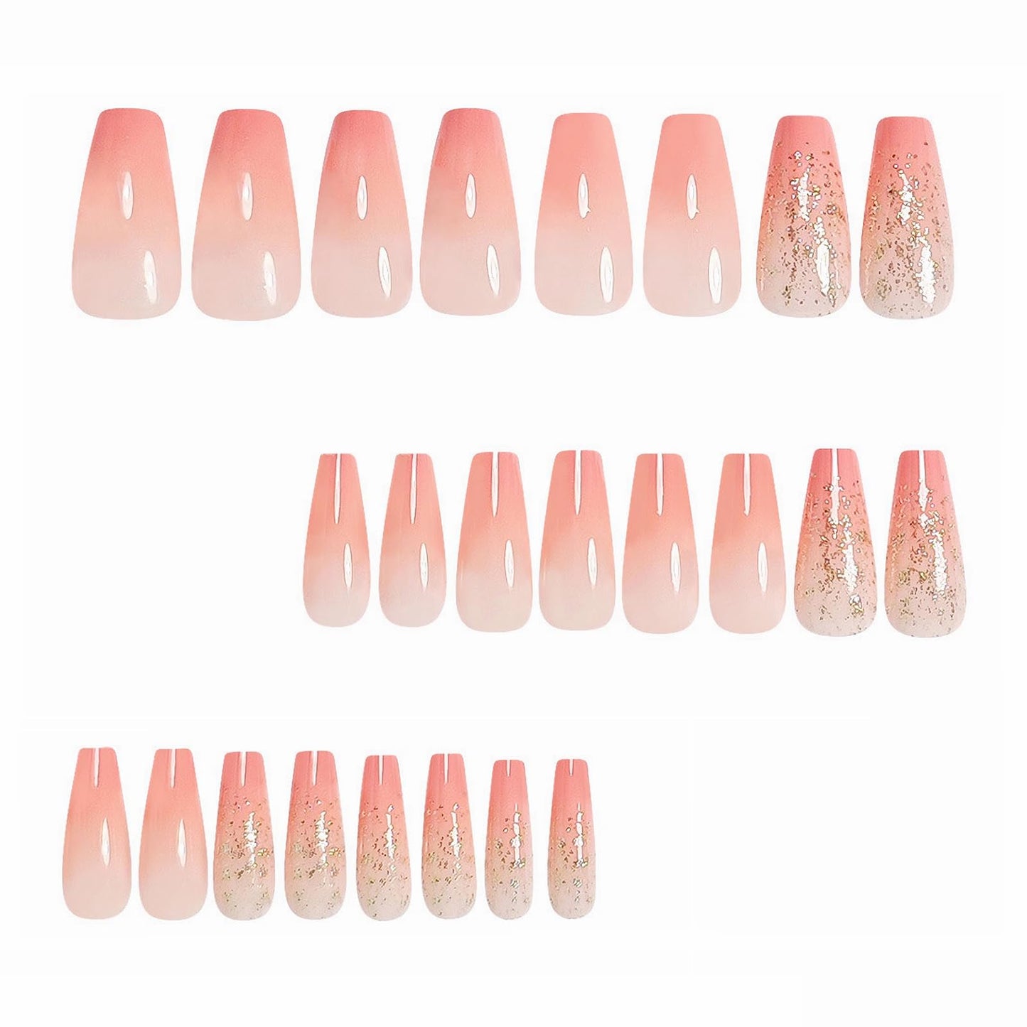 MISUD Press on Nails - Long Coffin Fake Nails with Pink Ombre, Acrylic Bling Glitter Design 24 pcs