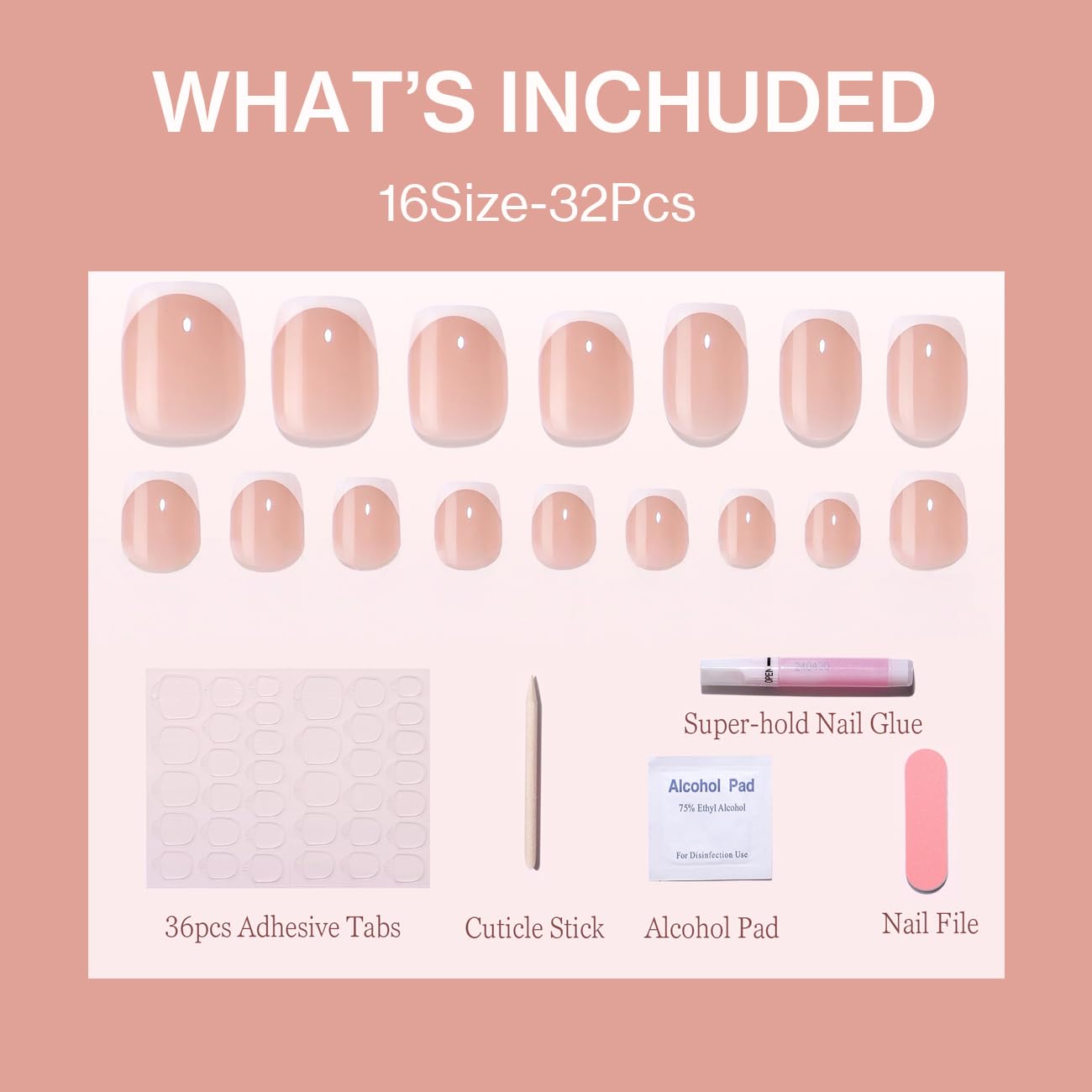 ESLALA French Tip Press On Nails, Short Squoval Fake Nails,Glossy Pink with White Tip Design, Reusable Stick On Fake Nails with Glue | 16 Sizes - 32 Nail Kit(01-Squoval French tip)