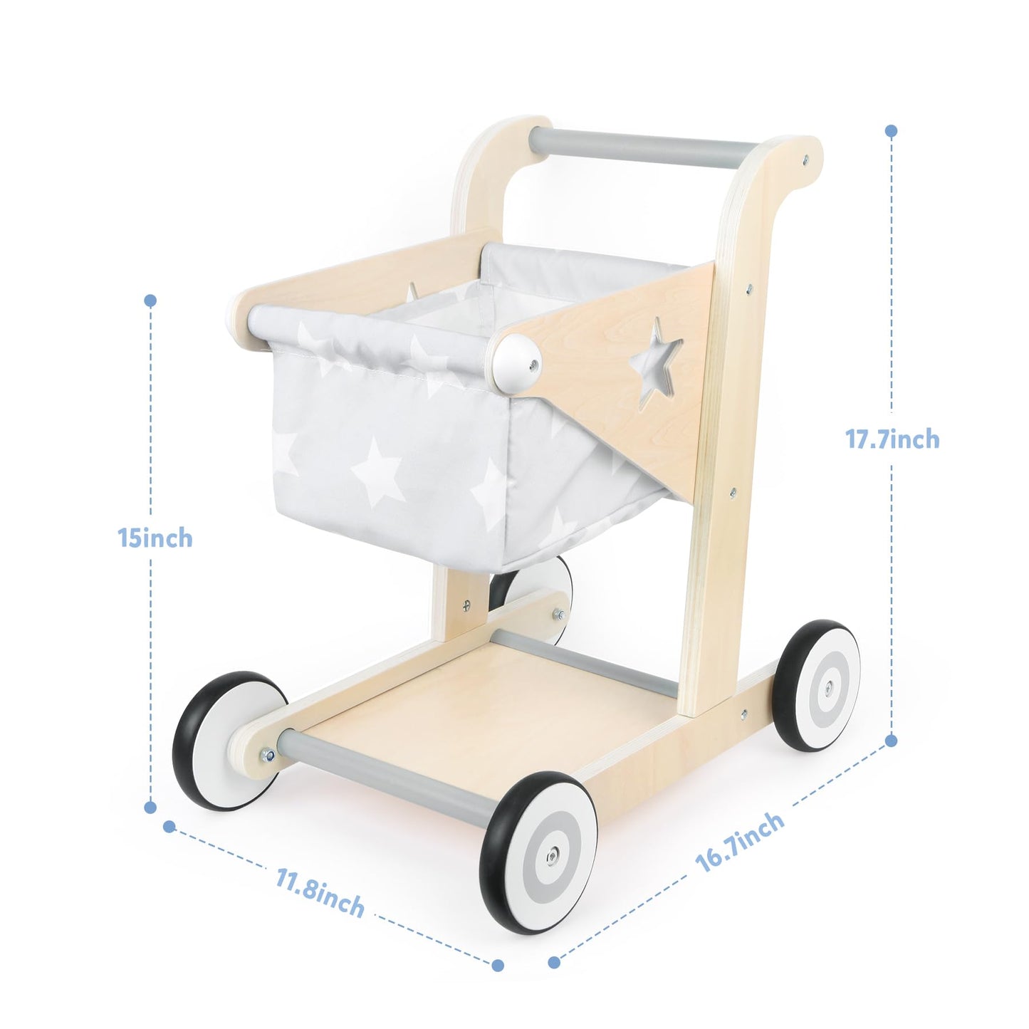 Asweets 2 in 1 Wooden Baby Walker Push and Pull Doll Stroller, Shopping Cart Learning Walker for Boys and Girls, Sit Stand Learning Toddler Toy (Grey)