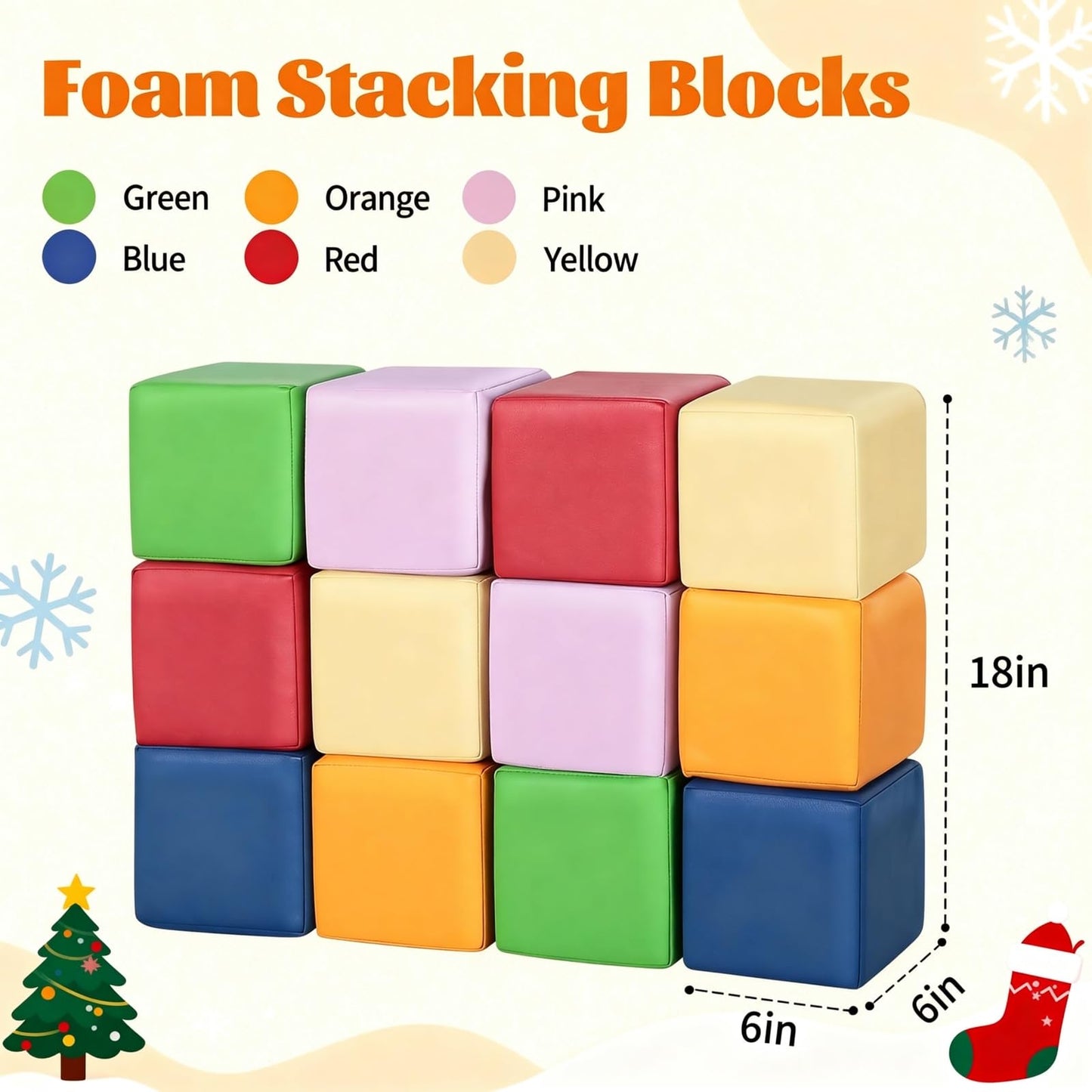 TODIBY Foam Building Blocks for Toddlers：12-Pieces Wipeable Leather Stacking Cubes Kids - Large Soft Toys Play Set for Learning Construction Baby Preschool Daycare Therapy Birthday Gift (Rainbow)